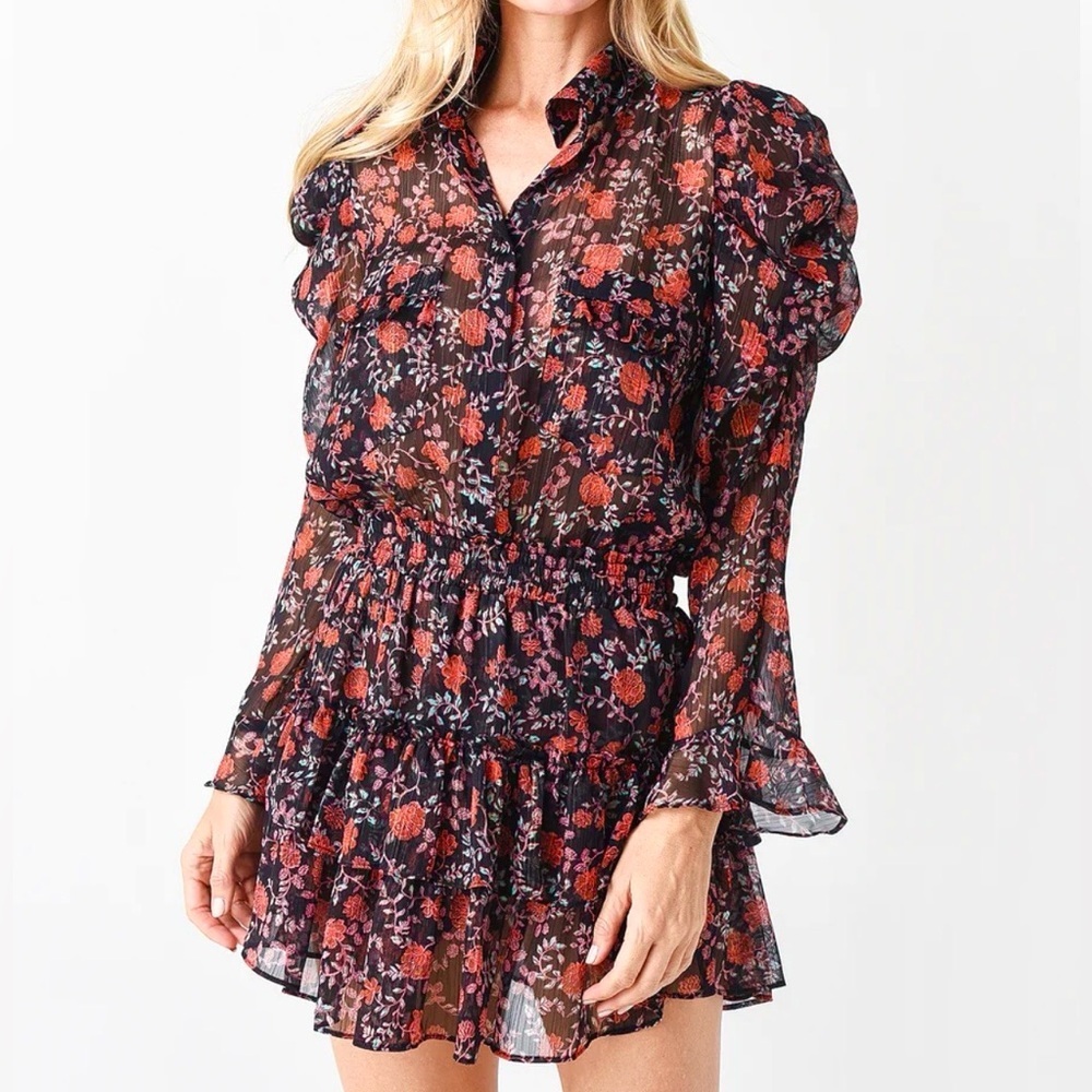MISA Anika Dress XS Carnelian Blooms Floral Ruffle Mini Metallic